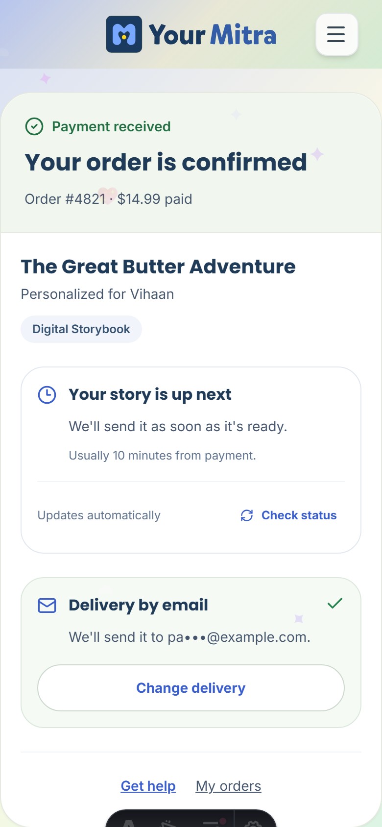 Screenshot of the Your Mitra order confirmation page a US customer sees after paying.