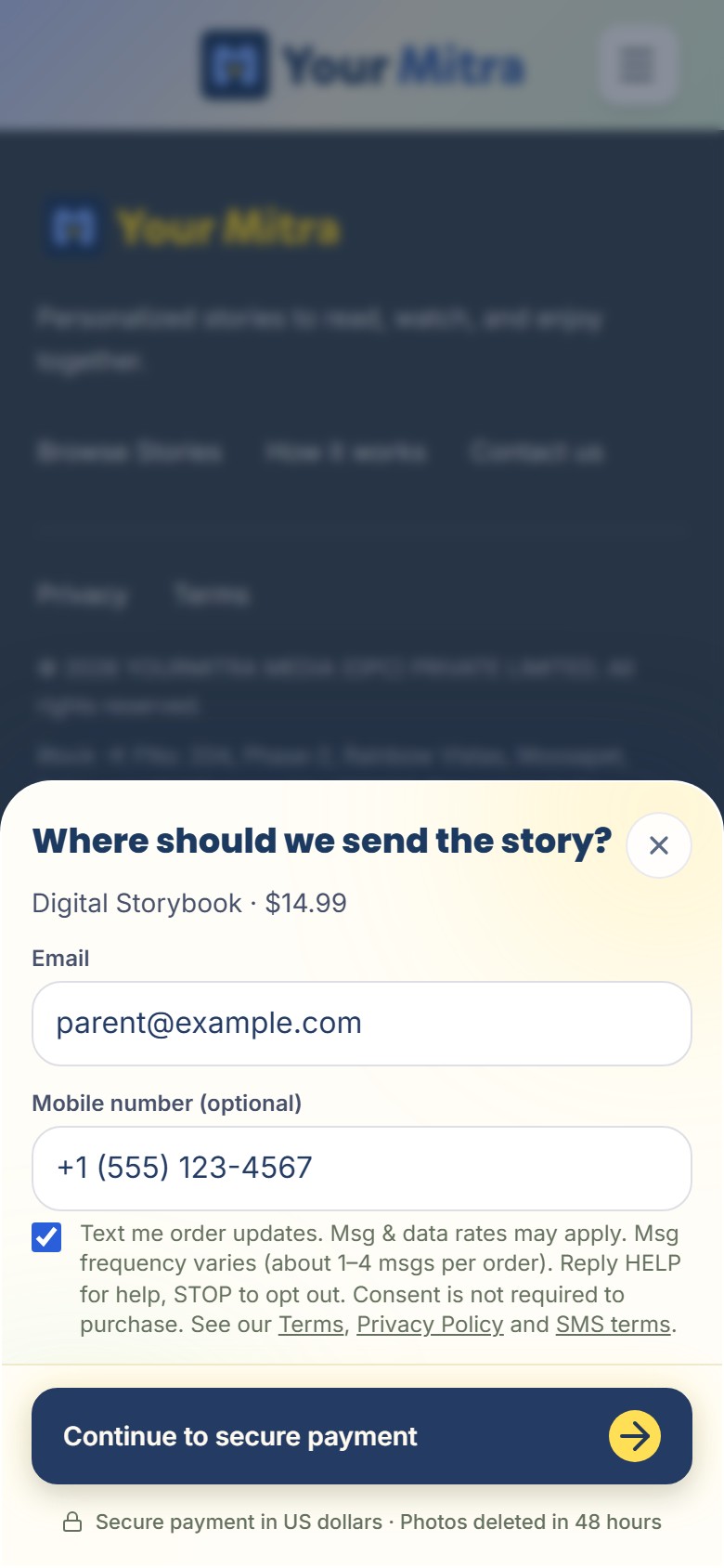Screenshot of the same Your Mitra US checkout sheet with the text message consent checkbox ticked.