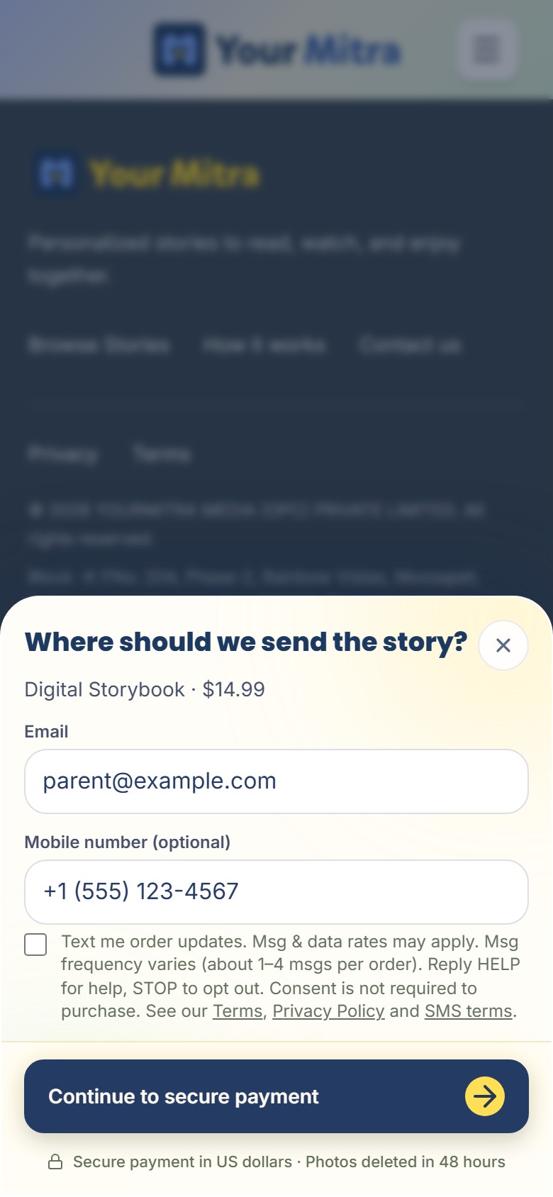 Screenshot of the Your Mitra US checkout sheet with an email, a mobile number and the unchecked text message consent checkbox with its full disclosure text and links.