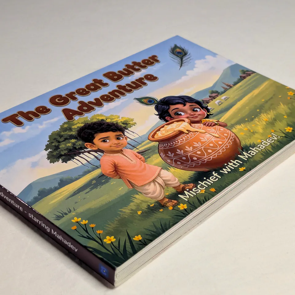 Mahadev's personalized Great Butter Adventure hardcover showing its premium binding