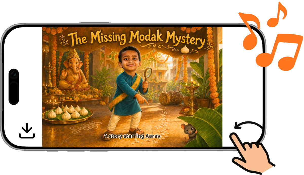 Aarav's Missing Modak Mystery Digital Storybook playing on a phone