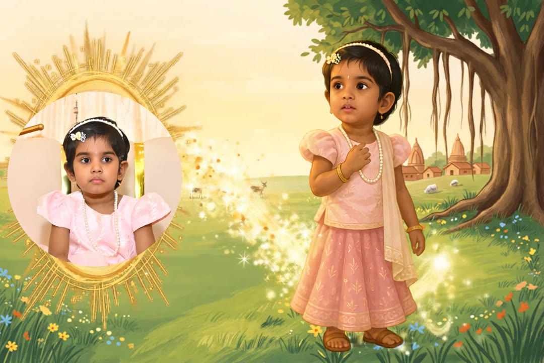 A real child's photo transforming into the hero of a cinematic Indian storybook.